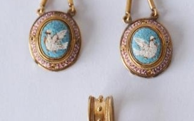 Antique Italian Yellow Gold Micro Mosaic Jewelry Suite