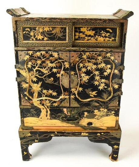 Antique Japanese Black & Gold Lacquer Jewelry Box