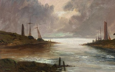 Antique Scottish Highlands Oil Painting Coastal Inlet Harbour Scene