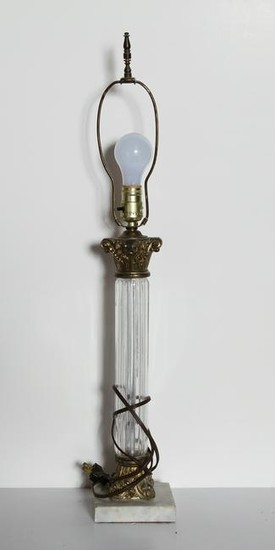 Antiques, Glass Column, Lamp with Marble Base and Metal