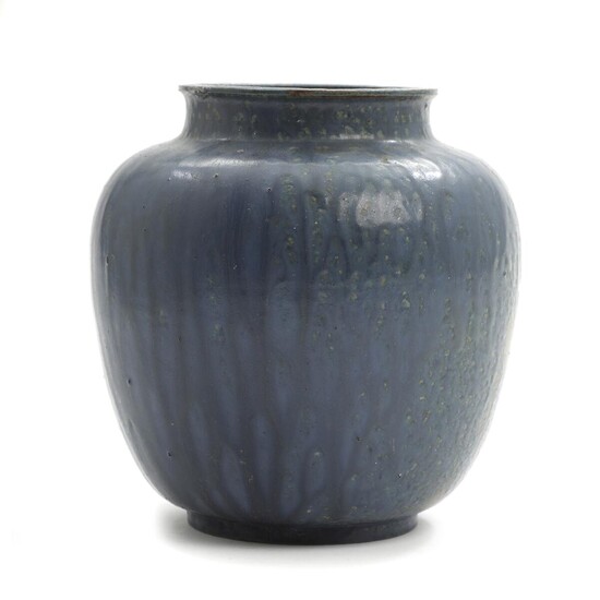 NOT SOLD. Arne Bang: A stoneware vase decorated with blue glaze. Signed AB. H. 18 diam. 17 cm. – Bruun Rasmussen Auctioneers of Fine Art