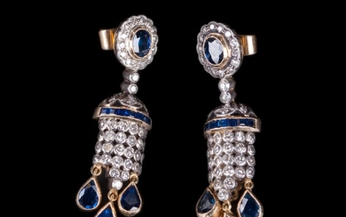 Art Deco style Gold 56 earrings with sapphires and diamonds. Weight: 10.8 g. Height: 40.5...
