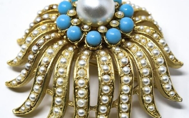 Art Faux Pearl & Turquoise Bead Cluster Pin Brooch