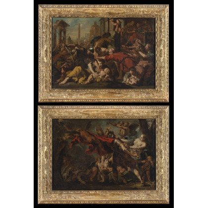Austrian painter (?), 18th century Massacre of the Innocents; Aeneas and his companions fight the harpies Pair of paintings...