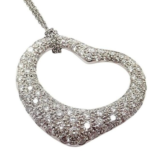 Authentic! Tiffany & Co Elsa Peretti Platinum Diamond Large Open Heart Necklace