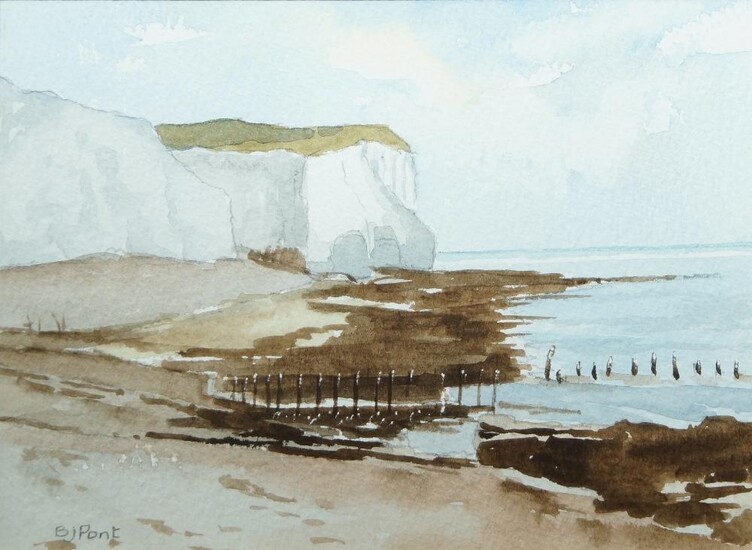 B.J. Pont, British school, late 20th/early 21st century- Coastal scene with cliffs; pencil and watercolour heightened with scratching out on paper, signed 'B J Pont' (lower left), 13 x 18.2 cm.
