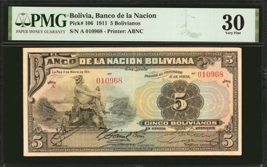 BOLIVIA. El Banco de la Nacion Boliviana. 5 Bolivianos, 1911. P-106. PMG Very Fine 30.