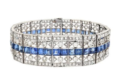 BRACELET, platine, diamants de taille ancienne et rose, saphirs env. 12,00 ctw, Art Deco 1930,...