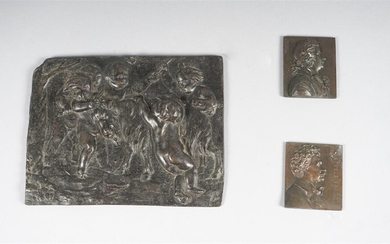 BRONZE RELIEF "FROLICKING PUTTI" AND TWO RELIEFS DEPICTING MOZART AND STRAUSS, 19TH CENTURY