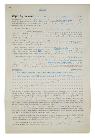 BURROUGHS, EDGAR RICE. Tarzan the Untamed. Document Signed, 2 pages (mailing folds, few...