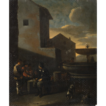 Bambocciante active in Rome, 18th - 19th century Outdoor scene with card players Oil on panel, 47.5x39 cm. (defects...