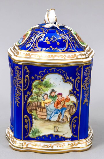 Biscuit lid jar, Potschappel, Dresden, 20th century, baroque shape, two reserves with polychrome painting, genre scenes, signed, Pretzsch, blue background, gold-plated, lid knob in the form of a rose bud, h. 18 cm