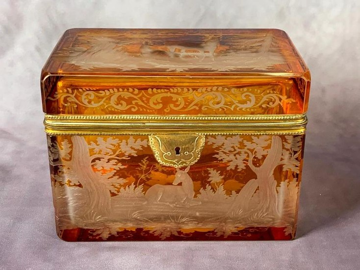 Bohemian Amber Engraved Glass Box, 19th/20th c.