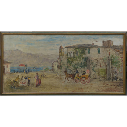 Cesare Monti ( Brescia 1891 - Bellano 1959 ) , "Borgo sul lago" olio su compensato (cm 72x145) Firmato e datato 1935 in basso a destra. In cornice in legno...