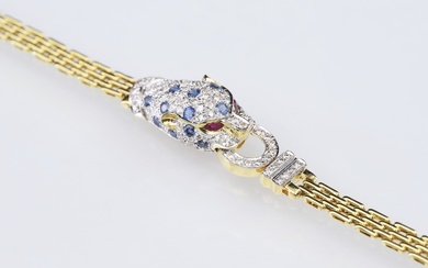 Bracelet panthère En or jaune 18 K (750‰) orné de saphirs, diamants taille brillant et...