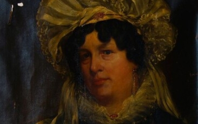 British School, mid-19th century- Portrait of a lady, quarter-length turned to the left in a black dress and lace bonnet; oil on canvas, 76 c 63 cm., (unframed) Provenance: The estate of the late designer, Anthony Powell.