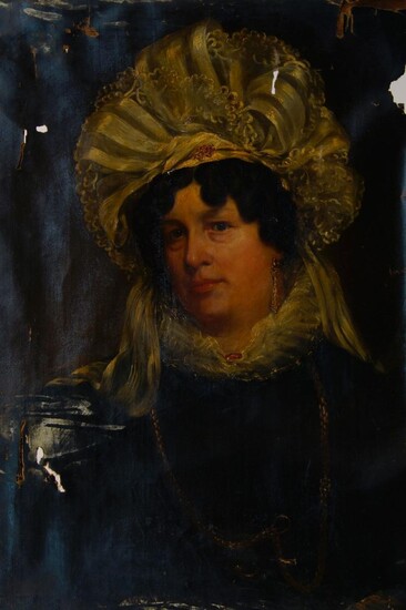 British School, mid-19th century- Portrait of a lady, quarter-length turned to the left in a black dress and lace bonnet; oil on canvas, 76 c 63 cm., (unframed) Provenance: The estate of the late designer, Anthony Powell.