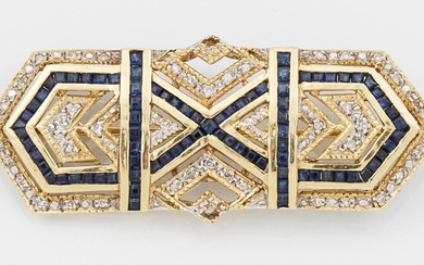 Broche saphir-diamant de style Art Déco en or jaune et blanc, taille 585. Sertie de...