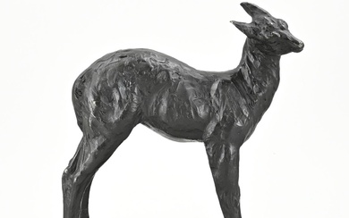Bronze figure after Bugatti. Young deer. 21st century. Size: 33 x 26 x 9 cm....