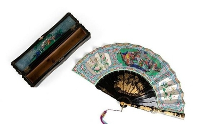 CANTON LACQUERED AND PAPER 'BIRDS AND FLOWERS' FAN WITH