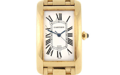 CARTIER – a gentleman’s 18ct yellow gold Tank Americaine bracelet watch.