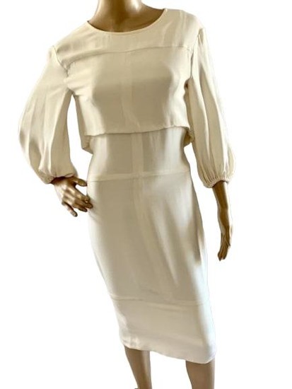 CHANEL CREAM COLORED FITTED SILK EVENING DRESS SM