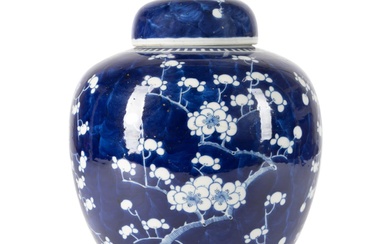 CHINESE BLUE AND WHITE PRUNUS GINGER JAR, MARKED