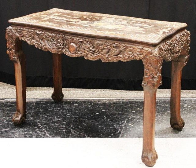 CHINESE CARVED WOOD/MOTHER OF PEARL TABLE, VINTAGE