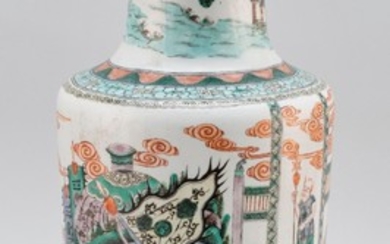 CHINESE FAMILLE VERTE PORCELAIN VASE In rouleau form, with warrior landscape scene. Six-character Kangxi mark on base. Height 17.5".