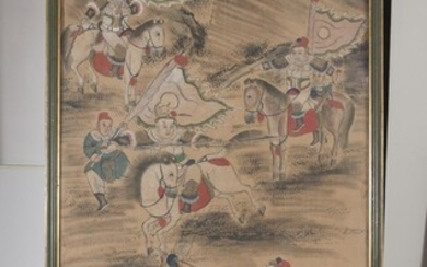 CHINESE SCHOOL EARLY 20TH CENTURY. ANTIQUE BATTLE SCENE MIXED MEDIA ON SILK.