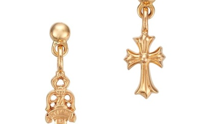 CHROME HEARTS, A PAIR OF DROP EARRINGS in 22ct gold, comprising a Baby Fat Cross earring and a Sword