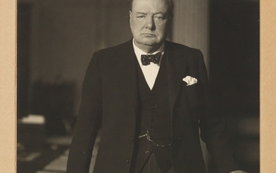 CHURCHILL, WINSTON S. Photograph Signed, 3/4-length portrait by Walter Stoneman, showing him standing...