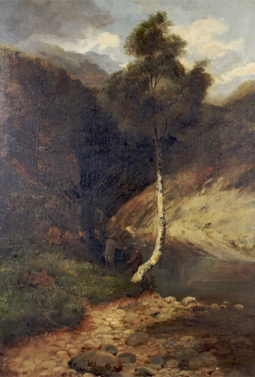 CM Smith (late 19th Century School), fishermen in wooded mountainous river landscape, oil on canvas. Initialled CMS lower left, in giltwood frame, 99.5cm x 69.5cm exc. frame