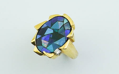 CONTEMPORARY 14K BRIGHT-POLISHED YELLOW GOLD, DIAMOND AND BLACK OPAL MOSAIC...