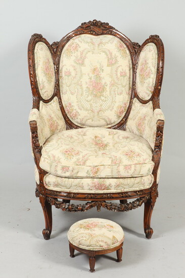 CONTINENTAL CARVED AND UPHOLSTERED WING CHAIR WITH PAIR BED STEPS...