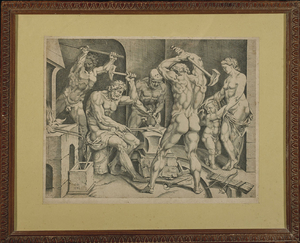 CORNELIS BOS (1506- vers 1564) D’APRES MARTIN VAN HEEMSKERCK (1498-1574), Venus et Cupidon dans la forge de Vulcain
