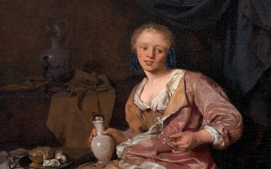CORNELIS PIETERSZ. BEGA(1631/32 Haarlem 1664)Jeune femme dans un intérieur, tenant un verre. Huile sur toile....