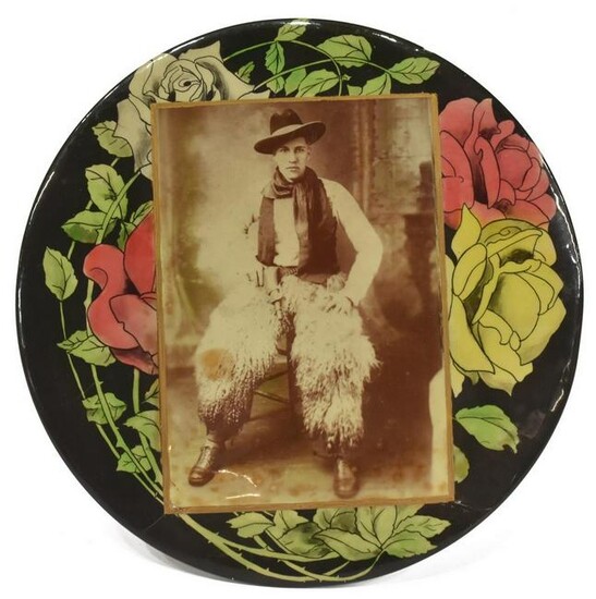COWBOY IN WOOLY CHAPS CELLULOID PHOTO BUTTON