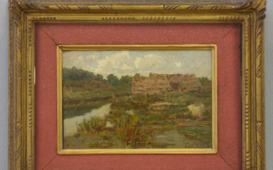 Francesco Sartorelli ( Cornuda 1856 - Udine 1939 ) , "Casoni in laguna" olio su tavola (cm 15x22) Firmato in basso a destra In cornice