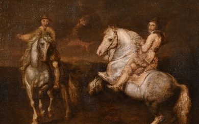 Cercle de Pierre Paul Rubens (1577-1640) Flamand. Figures à cheval, Huile sur toile, Dans un...