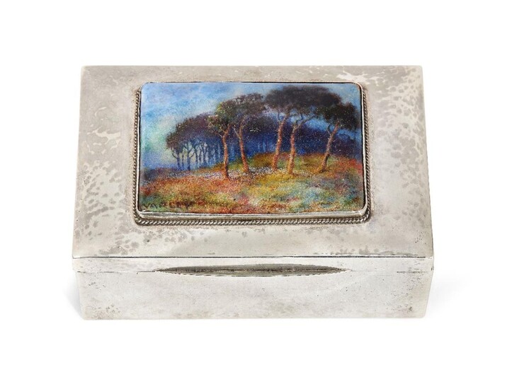 Charles Fleetwood Varley (1863-1942) for Liberty & Co, Silver box with enamel plaque, 1924, Manufactured by W.H.Haseler, Lower left plaque signed 'VARLEY'. Box hallmarked for W.H.Haseler, Birmingham, Box: 13cm x 9cm x 5cm high. Enamel plaque: 8.2cm...