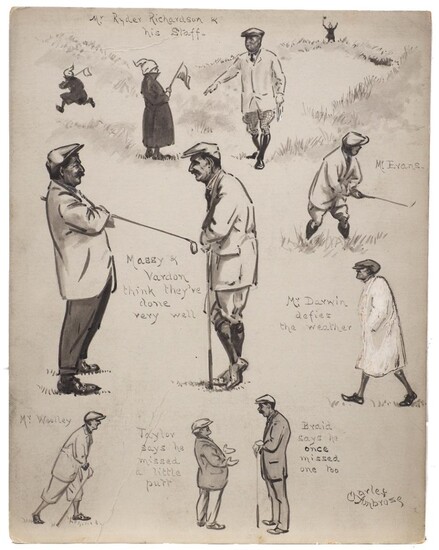 Charles Napier Ambrose, British 1876-1946- Mr Ryder Richardson & his Staff; pen and brush and black ink heightened with white on grey coloured paper, signed and extensively inscribed, 29 x 23 cm: together with three other drawings/original artworks...