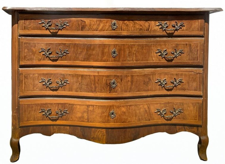 Chest of drawers in walnut and olive wood with four