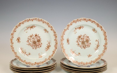 China, a set of ten iron-red and gilt porcelain plates, 18th century