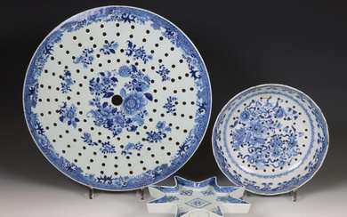 China, three various blue and white porcelain strainers, Qianlong period (1736-1795)