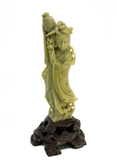Chinese Carved Green Stone Figurine- Woman Holding Vase