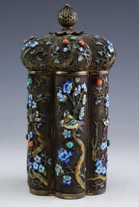 Chinese Export Silver Jeweled Enamel Box Tea Caddy