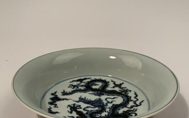 Chinese Ming Blue and Red Dragon Dish Xuande Mark