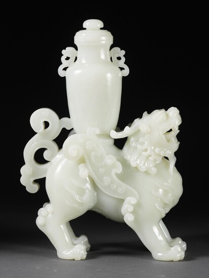 Chinese Pale Celadon Jade Qilin with Vase and Cover, 20th Century CCW1C