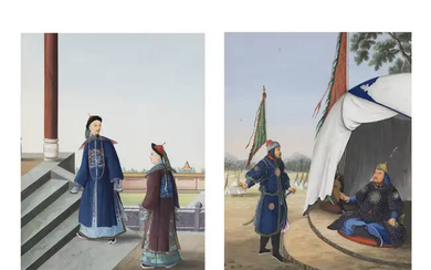 Chinese School, 19th century 'Court officials' and 'Soldiers at camp' Gouache on...